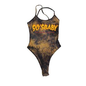 90's baby cross back strappy bodysuit stretch black tye dye sm/md graphic Cc512